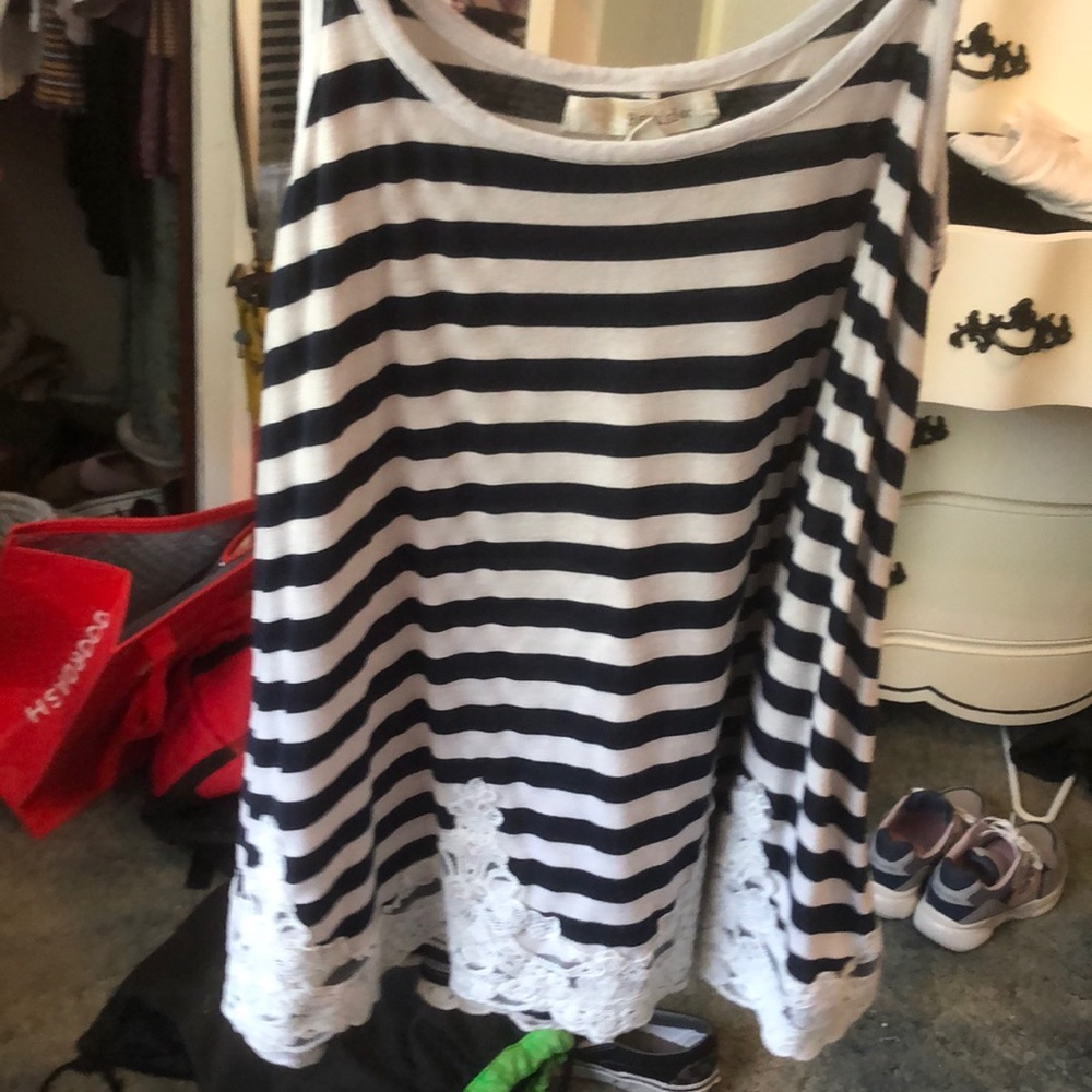 Navy and white Striped tanktop with lace fringe